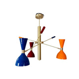 Side view of Milan Colorburst 6 light chandelier with asymmetric brass arms and colorful Mid-Century cone shades.