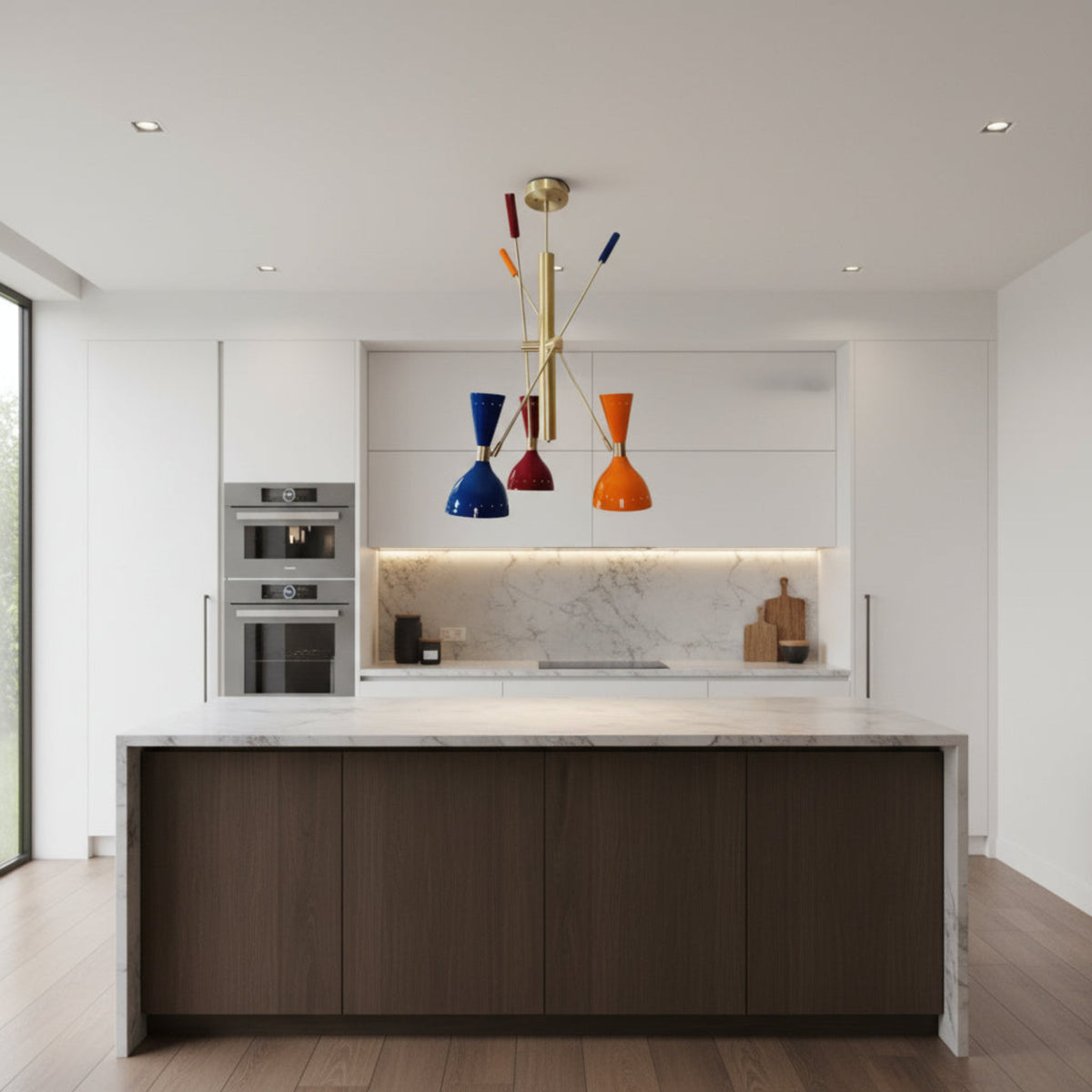Vertical product view of Milan 6 light Mid-Century chandelier with colorful cone shades and brass-toned metal construction.