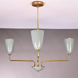 Close up of Milan Cone Arm Chandelier highlighting glossy cone shades, curved arms, and slim ceiling stem.