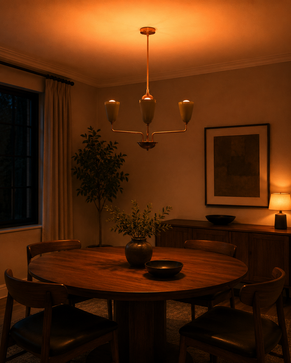 Milan Cone Arm Chandelier installed above a round dining table in a warm modern interior.