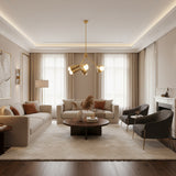 Milan 6 light satin brass cone arm Sputnik chandelier shown from an angled view with illuminated globe bulbs.