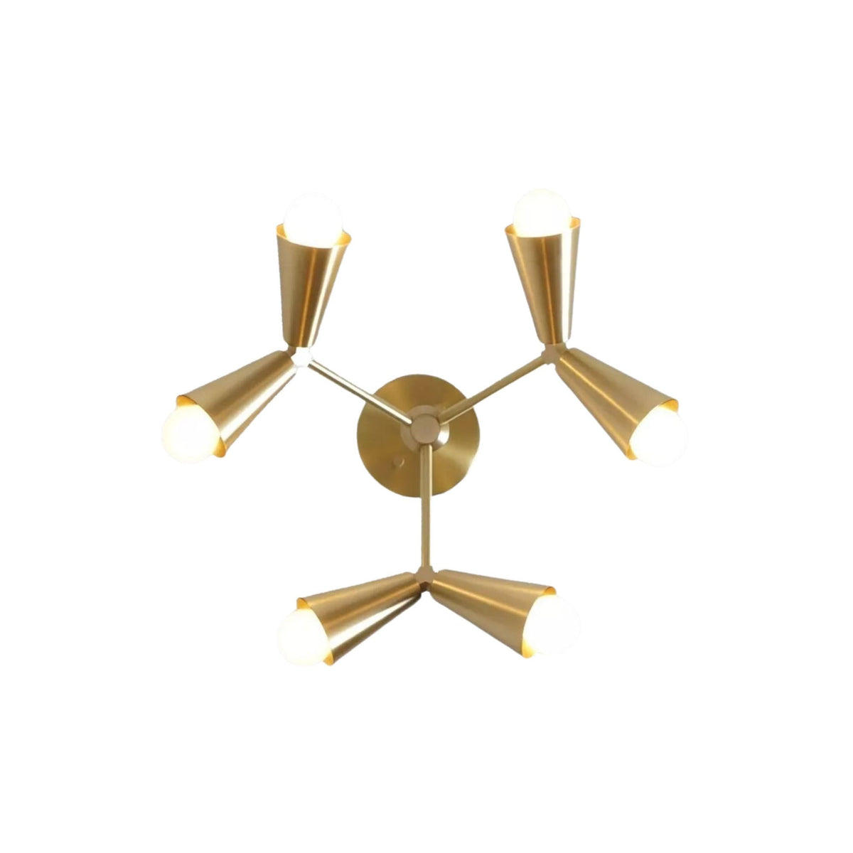 Bottom view of Milan 6 light chandelier highlighting the geometric arm arrangement, satin brass cone shades, and globe bulbs.