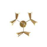 Bottom view of Milan 6 light chandelier highlighting the geometric arm arrangement, satin brass cone shades, and globe bulbs.