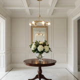 Full view of Milan 6 light satin brass Sputnik chandelier with branching arms, cone shades, and ceiling canopy.