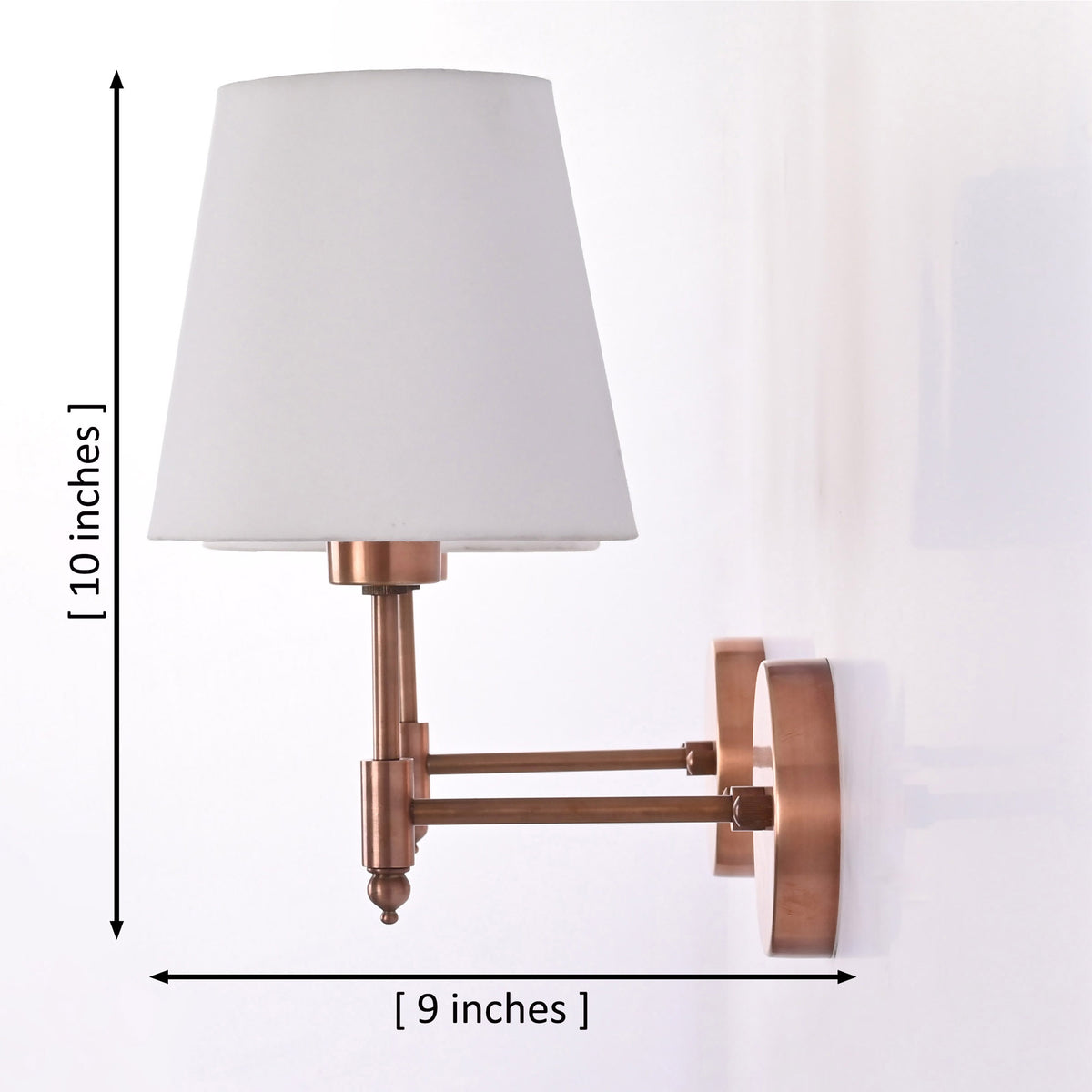 Dimension diagram of the Milan copper antique wall sconce showing a 10-inch height and 9-inch projection with a white tapered fabric shade and solid brass construction.