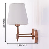 Dimension diagram of the Milan copper antique wall sconce showing a 10-inch height and 9-inch projection with a white tapered fabric shade and solid brass construction.