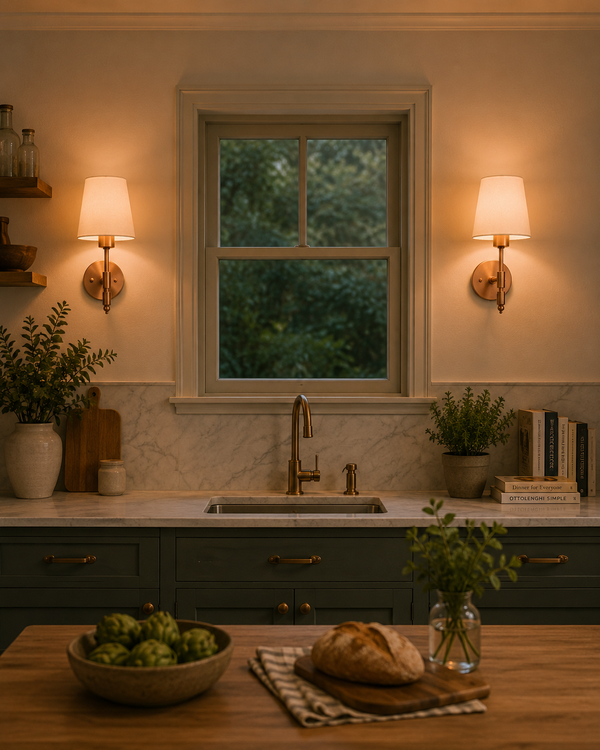 Milan copper antique wall sconces with white tapered fabric shades installed in a modern kitchen, providing elegant ambient lighting beside a window for contemporary and transitional interiors.