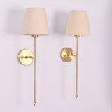 Angled view of Milan cream shade rod wall sconces with tall stems and clean classic design.
