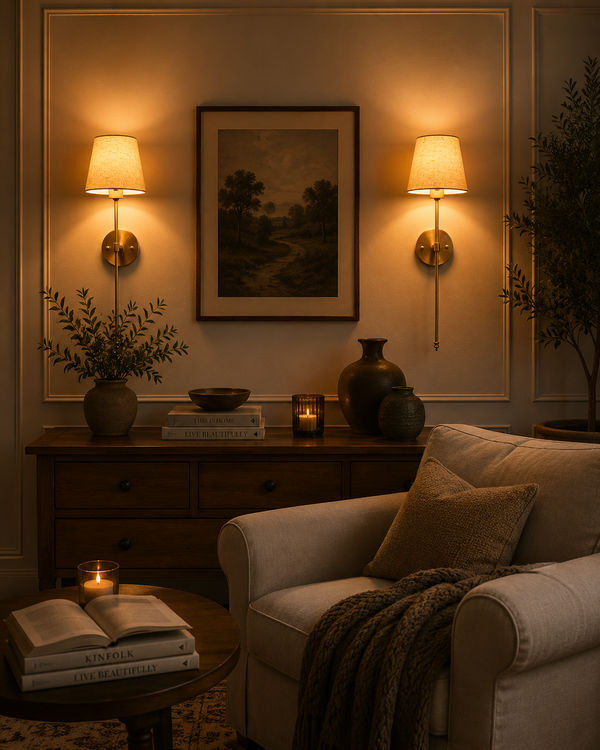 Milan cream shade wall sconces installed beside framed artwork above console in a warm classic living room.