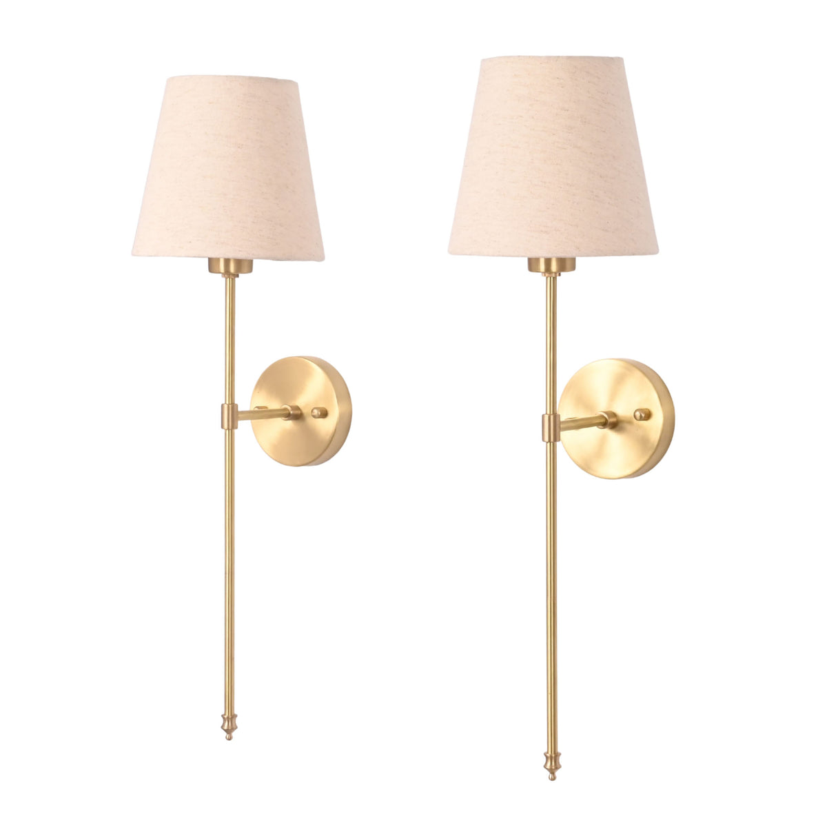 Pair of Milan cream shade rod wall sconces with slim golden frames and round backplates.