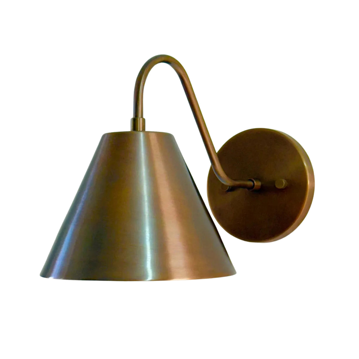 Milan 1 light curved arm wall sconce with wide tapered cone shade and round mounting canopy, Model 32791.