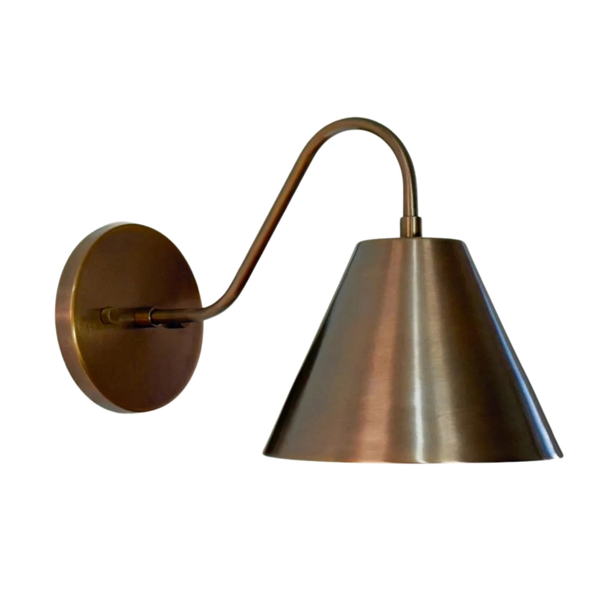 Alternate side view of Milan curved arm cone wall sconce with downward-facing metal shade, Model 32791.