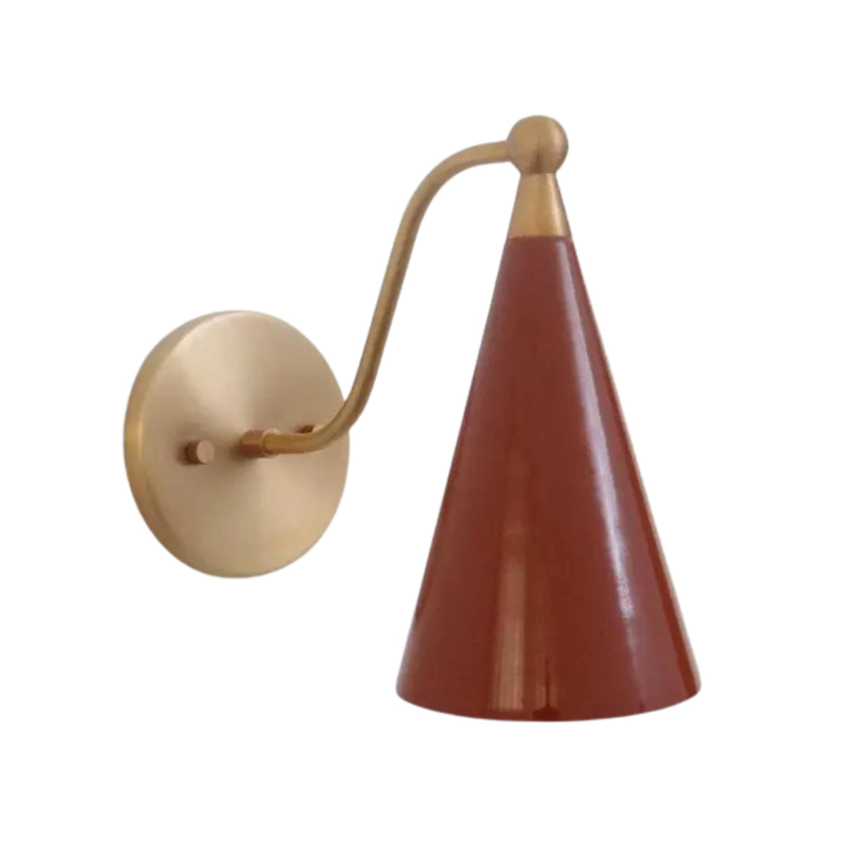Angled close-up of the Milan Curved Arm Cone Wall Sconce showcasing the handcrafted terracotta cone shade, elegant curved brass arm, and premium brushed brass wall plate.