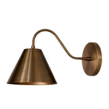 Angled view of Milan curved arm wall sconce with tapered cone shade and round wall canopy, Model 32791.