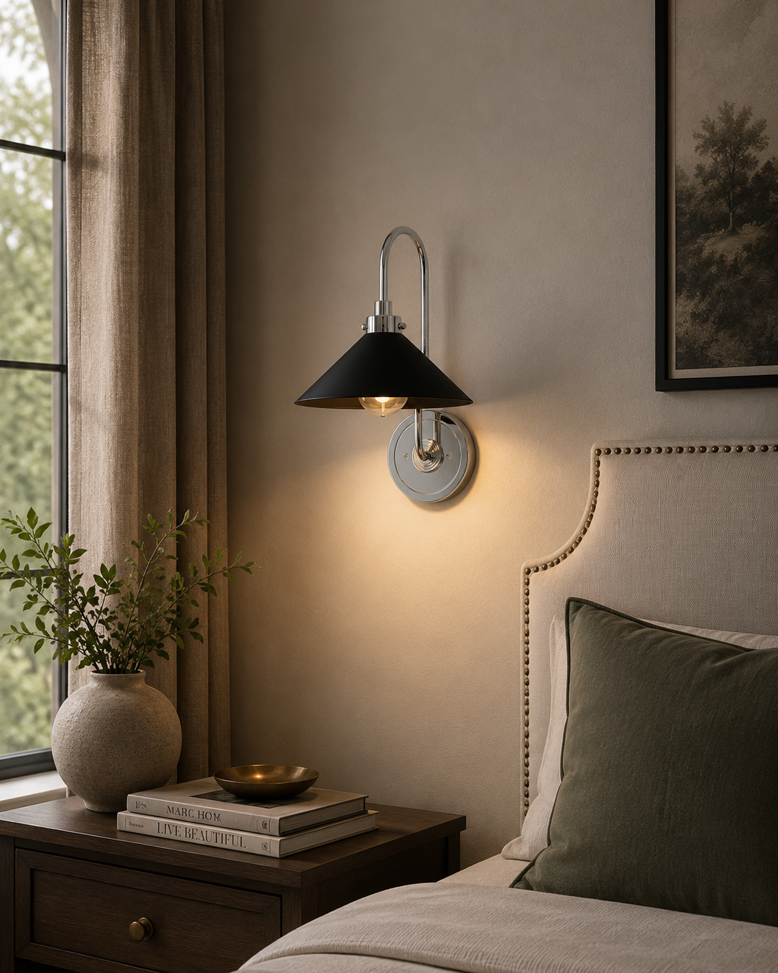 Milan black cone wall sconce with chrome finish installed beside a bedroom bed and nightstand