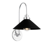 Milan 1 light wall sconce with black cone shade, curved arm and polished chrome finish