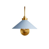Milan curved arm wall sconce with blue cone metal shade and warm brass finish