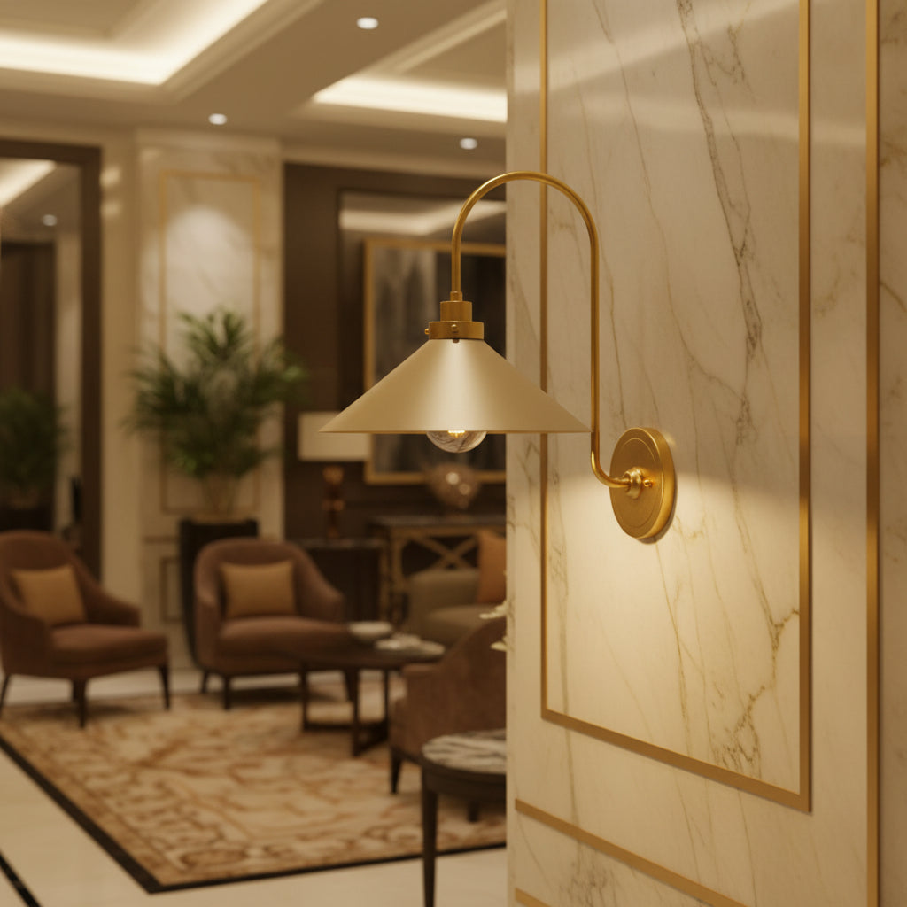 Milan 1 light curved arm cone wall sconce with neutral shade and warm brass finish