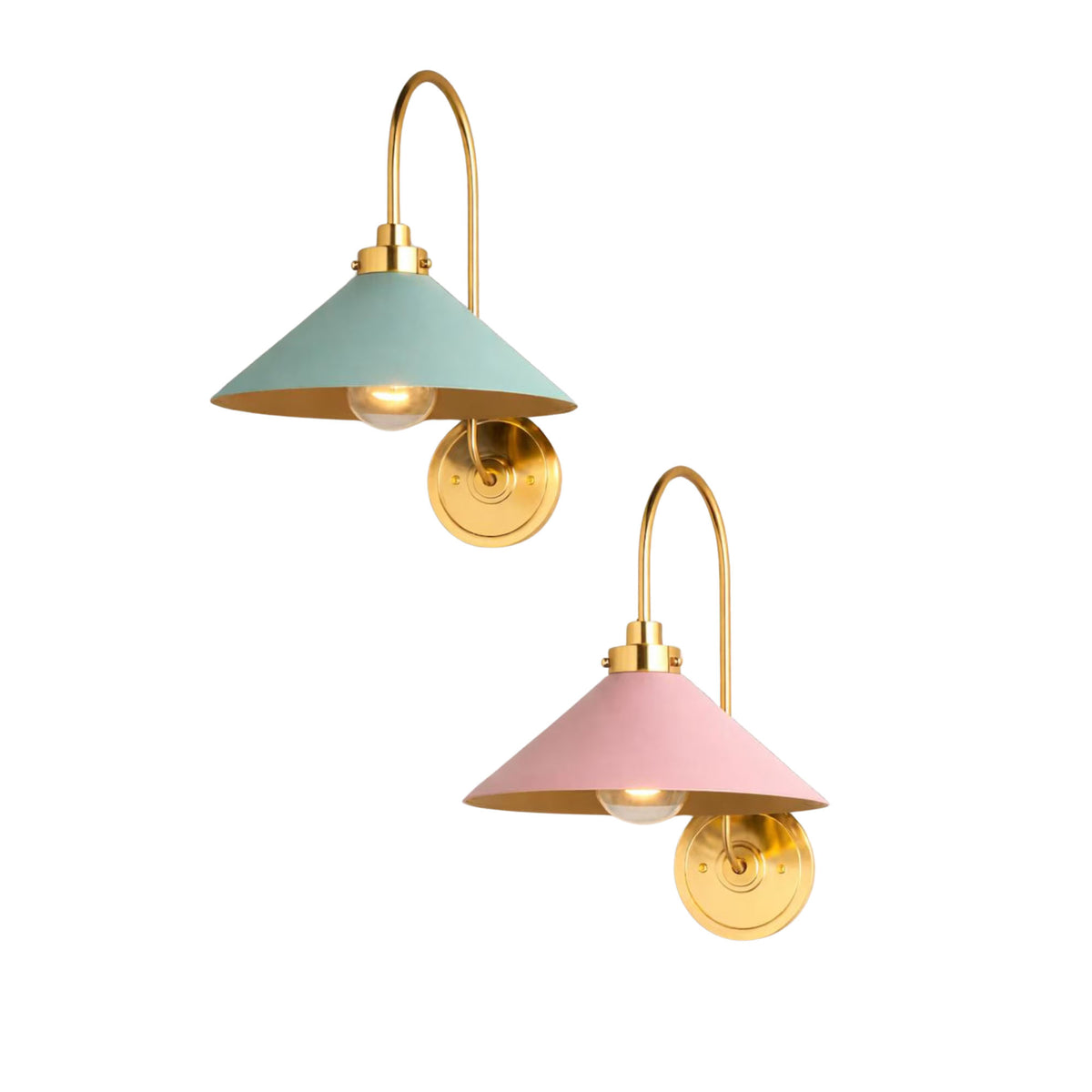 Milan curved arm cone wall sconce with blue and pink metal shade options and brass finish