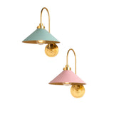Milan curved arm cone wall sconce with blue and pink metal shade options and brass finish
