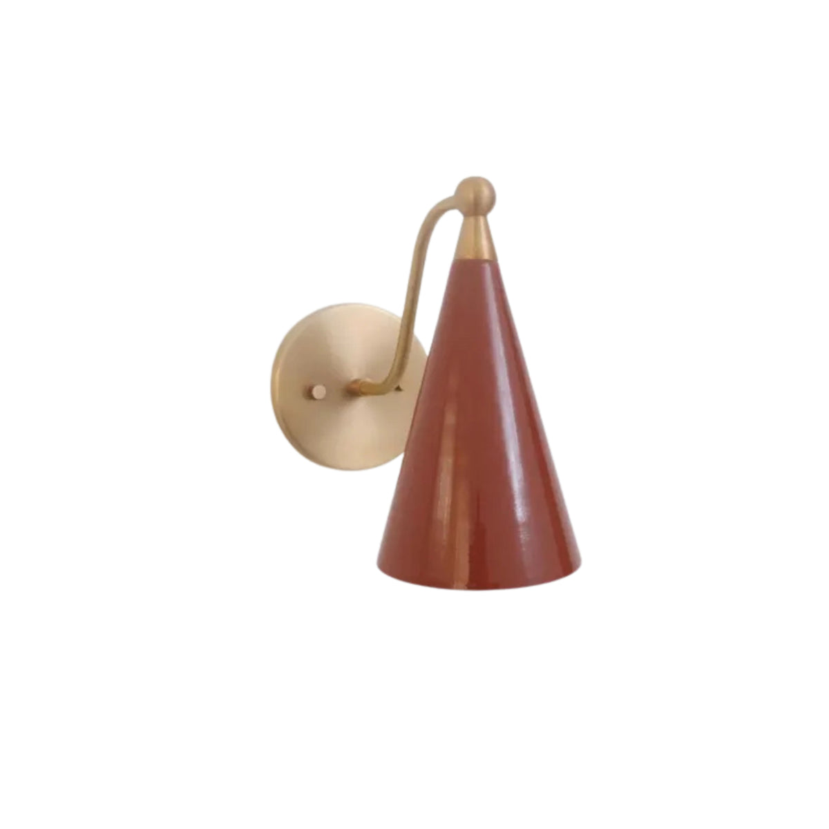 Front view of the Milan Curved Arm Cone Wall Sconce featuring a handcrafted terracotta tapered cone shade with a solid brass curved arm and round wall canopy.