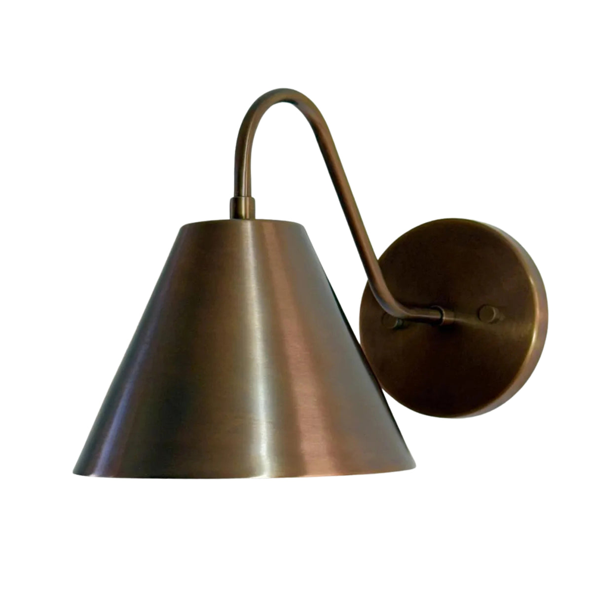 Front angled view of Milan curved arm cone wall sconce with warm metal finish, Model 32791