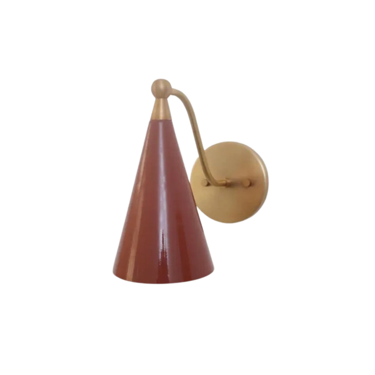Rear angled view of the Milan Curved Arm Cone Wall Sconce highlighting the curved brass arm, round wall canopy, and handcrafted tapered cone shade.