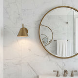 Reverse angled view of Milan wall sconce showing curved metal arm, cone shade and round canopy, Model 32791.