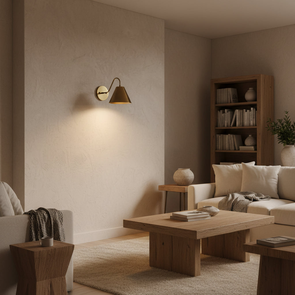 Side view of Milan 1 light wall sconce featuring a curved arm and tapered metal cone shade, Model 32791.