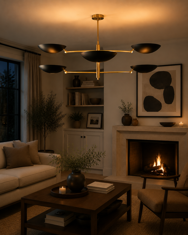 Milan Disc Linear Chandelier styled in a cozy living room with fireplace, sofa, and warm lighting.