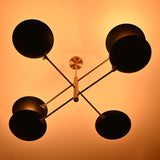 Milan Disc Linear Chandelier angled product view featuring layered arms and six wide black bowl shades.