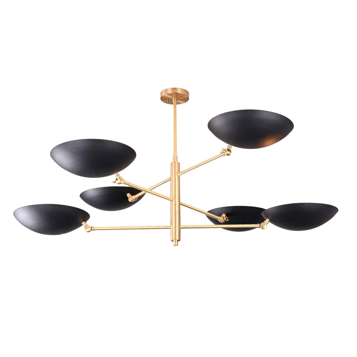 Milan Disc Linear Chandelier close ceiling view with six round shades arranged around central canopy.