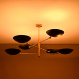 Milan Disc Linear Chandelier angled product view featuring layered arms and six wide black bowl shades.