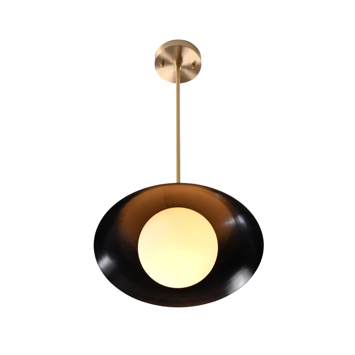 Milan Disc pendant with black dome shade and glowing globe diffuser in a clean Mid-Century Modern design.
