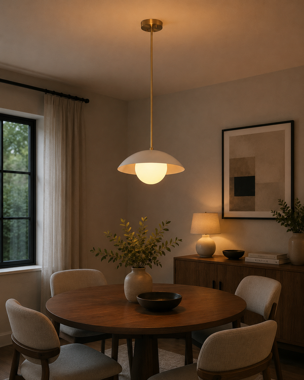 Milan Disc pendant installed above a round dining table, creating warm ambient light in a modern dining room.