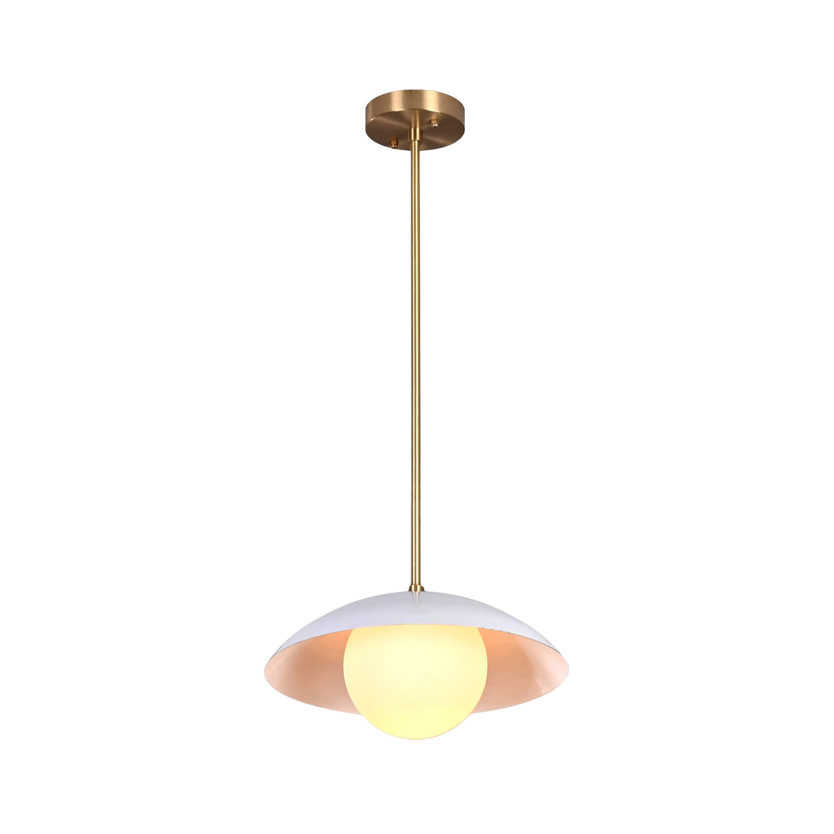 Milan Disc pendant featuring a white dome shade, glowing globe diffuser, and slim ceiling rod.