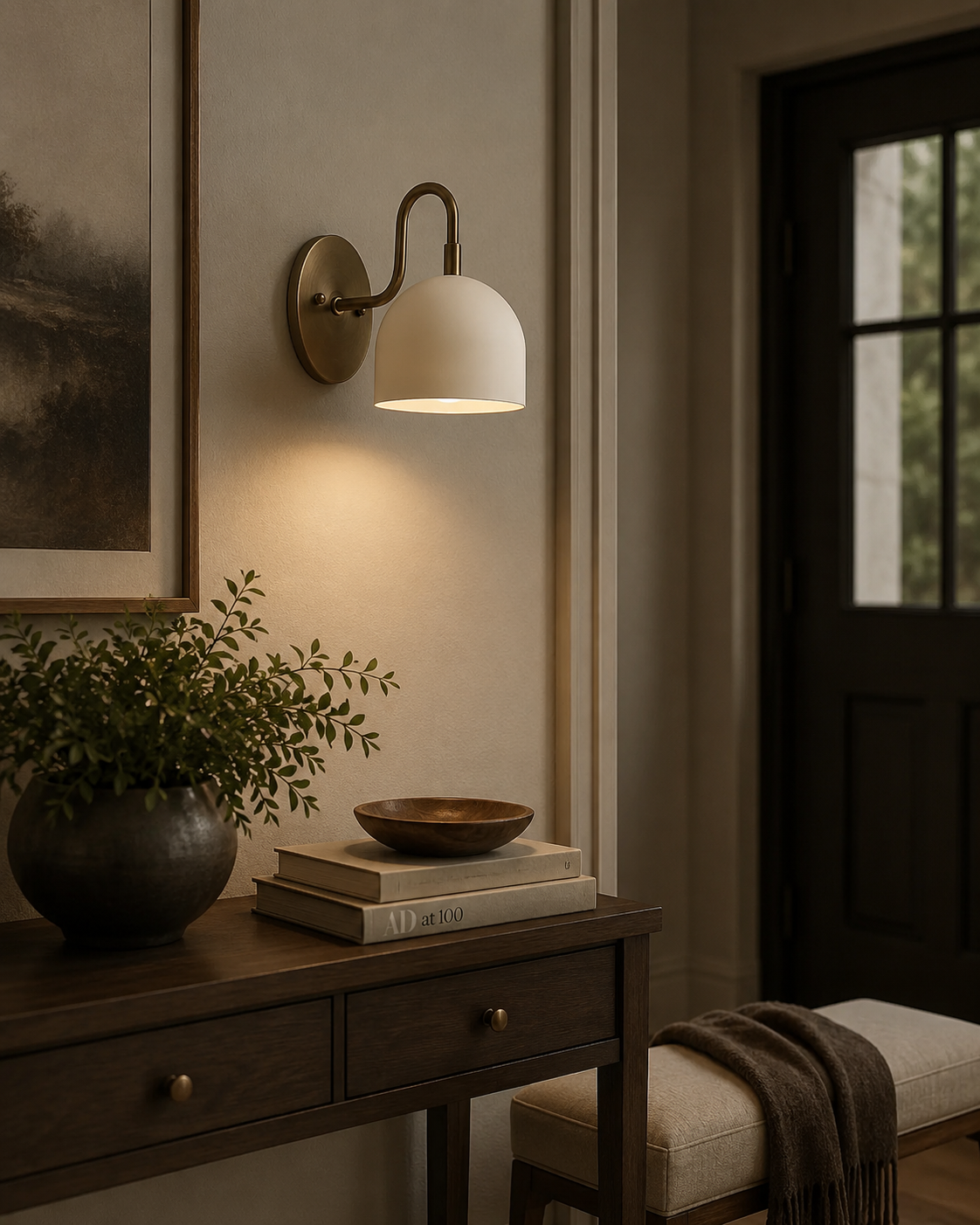 Milan Dome Wall Sconce installed in a modern hallway, providing warm ambient lighting above a wooden console table with contemporary décor in a Scandinavian-inspired interior.