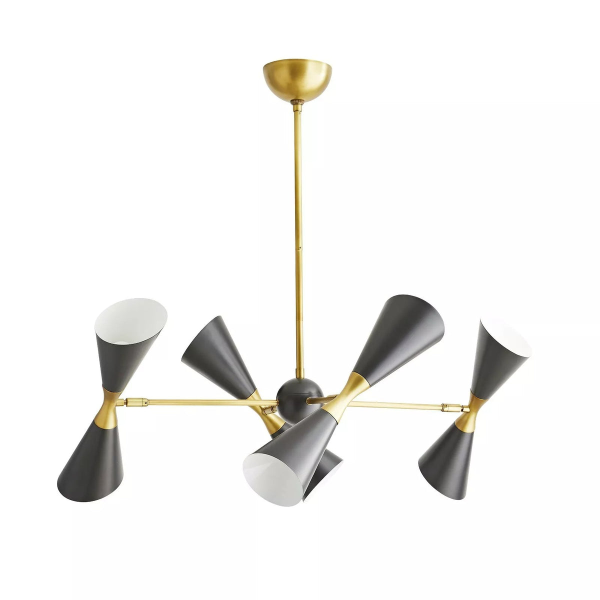 Alternate view of Milan 8 light chandelier showcasing geometric double cone shades and contrasting black and brass finish.