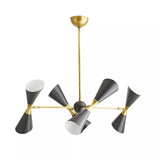 Alternate view of Milan 8 light chandelier showcasing geometric double cone shades and contrasting black and brass finish.