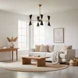 Angled view of Milan 8 light chandelier featuring black double cone shades, brass accents and a Mid-Century Modern radial design.