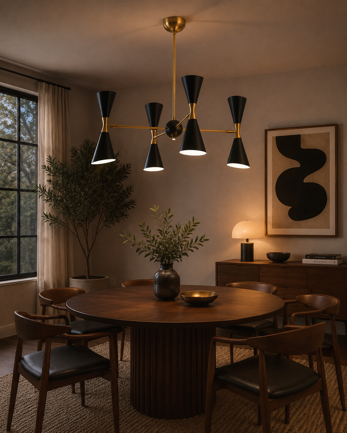Milan 8 light black and brass double cone chandelier illuminated above a round dining table in a warm Mid-Century Modern dining room.