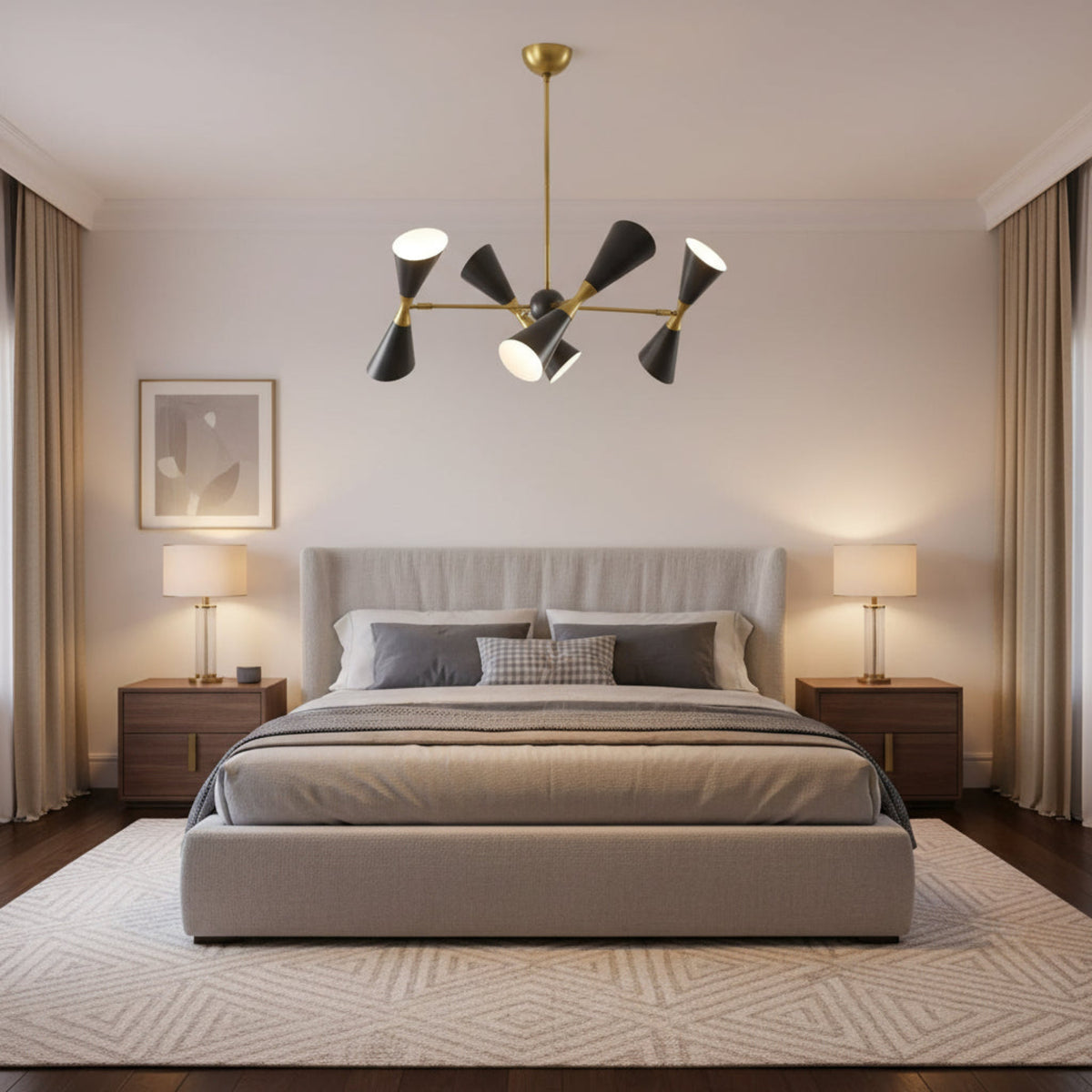 Milan 8 light Mid-Century Modern chandelier with sculptural black double cone shades, brass connectors and ceiling rod.