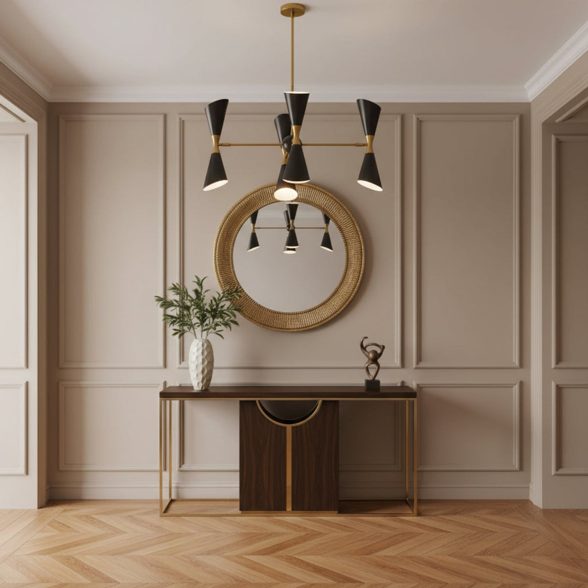 Straight front view of Milan 8 light chandelier with black hourglass-style double cone shades and slender brass radial arms.