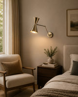Milan 2 light swing arm wall sconce installed beside a bed with warm ambient lighting – Model 32818