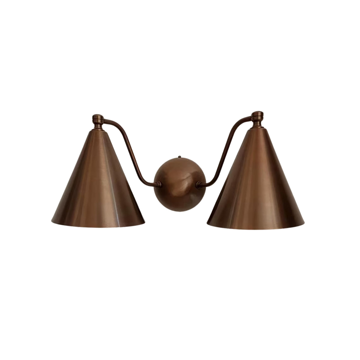 Antique brass Milan 2-light wall sconce with symmetrical curved arms and tapered cone shades – Model 32755