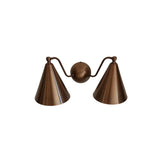 Detail view of Milan wall sconce with sculptural curved arms, round wall canopy and tapered cone shades – Model 32755