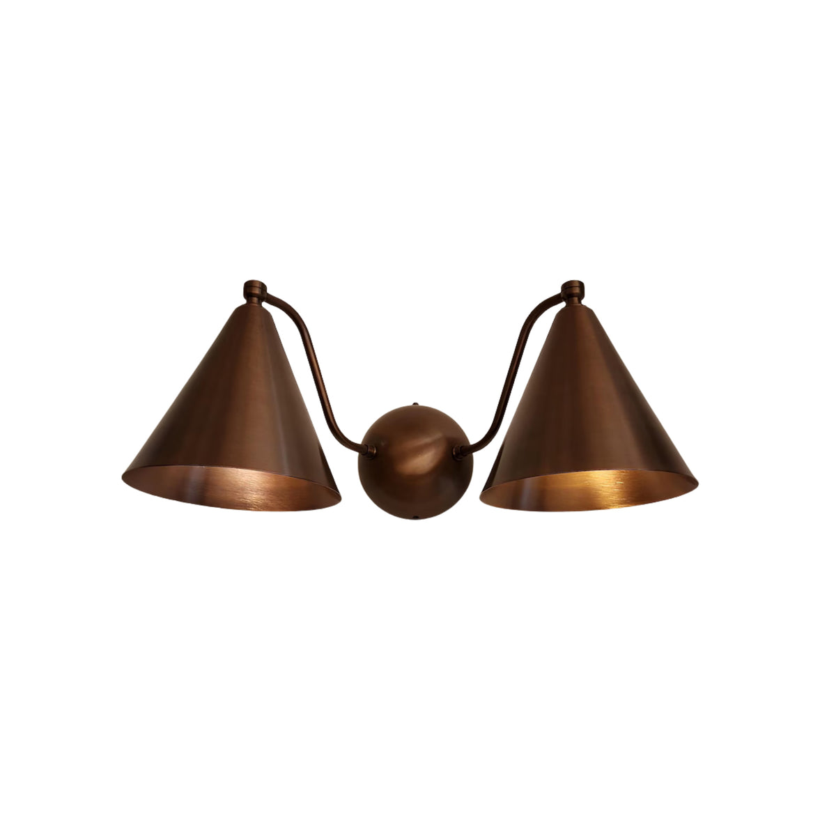Milan double cone wall sconce featuring two tapered metal shades, curved arms and round center canopy – Model 32755