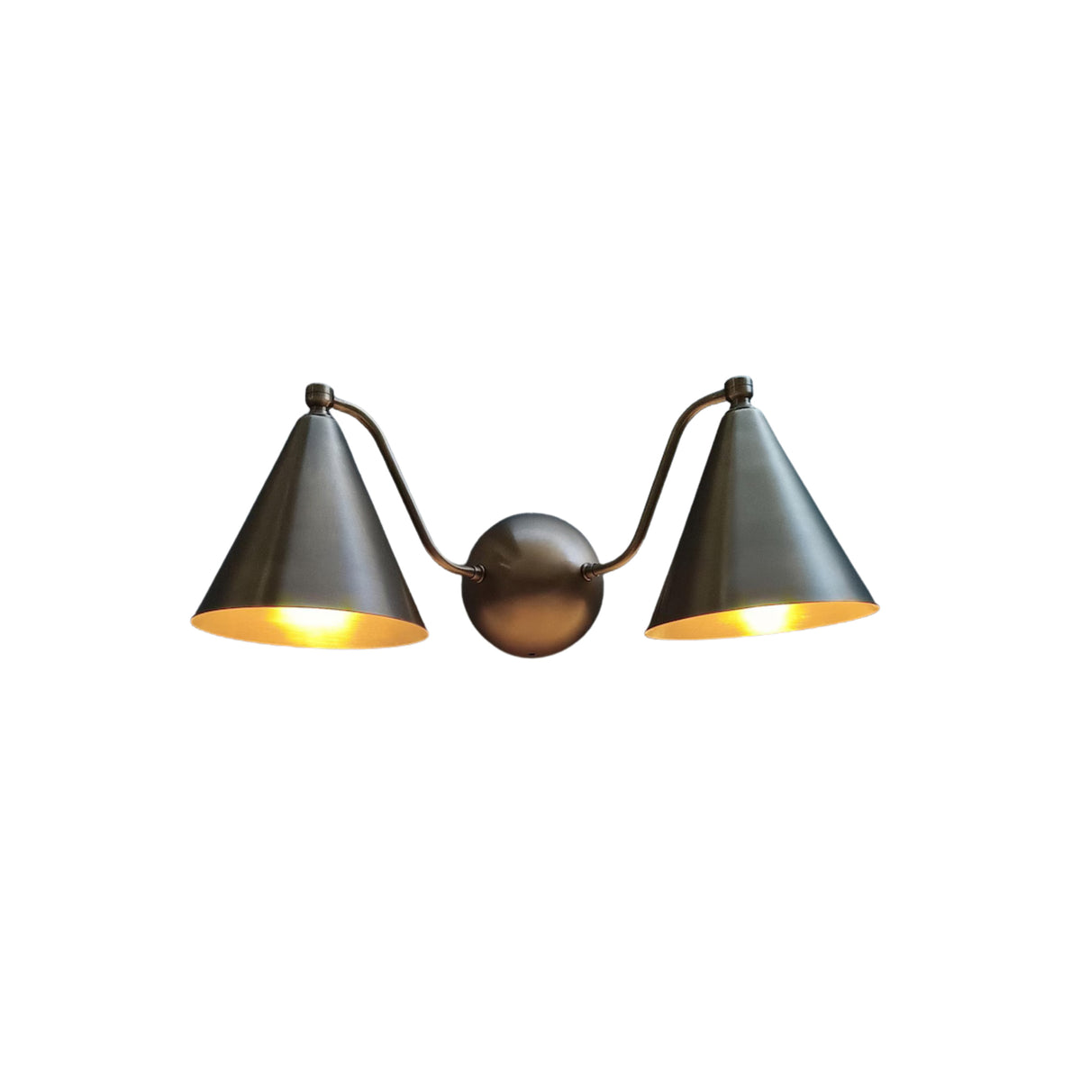 Milan double cone 2-light wall sconce with warm illuminated tapered shades and curved arms – Model 32755