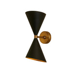 Milan modern double cone wall sconce with black metal shades and brass accents angled view