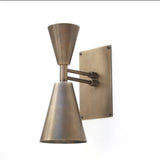 Milan 1 light double cone wall sconce in aged brass with rectangular backplate, angled product view